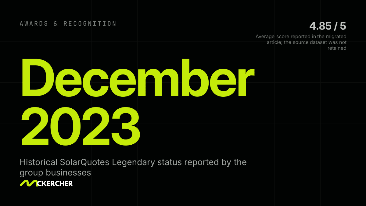 Historical record plate for SolarQuotes Legendary installer status reported by PSW Energy and Perth Solar Warehouse in 2023.