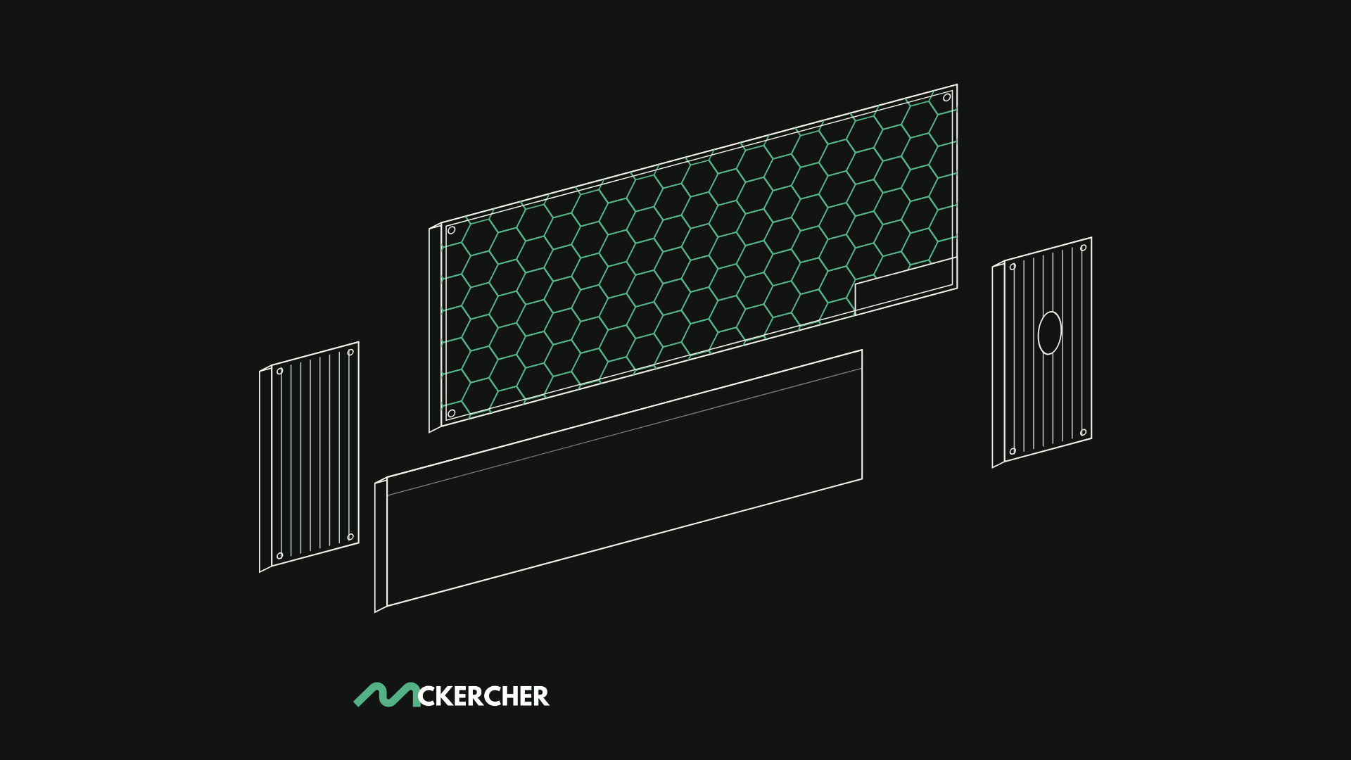 Exploded view of the thermal insulation board, its honeycomb back plate, finned side panels and front cover